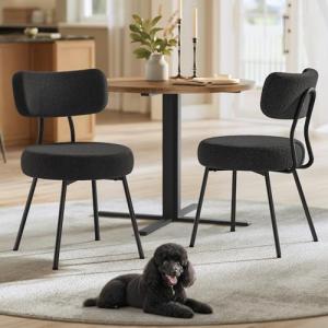 VASAGLE Boucle Dining Chairs Set of 2, Upholstered Kitchen Dining Room Chairs with Curved Backrest and Steel Frame, Modern Mid Century, Round, for Vanity, Living Room, Ink Black UKDC110B01