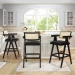 Modern Resin Webbing Back Bar Stool with Arms, Set of 3, Ebony Black Boucle Fabric