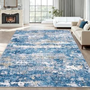 GarveeHome 10x14 Washable Area Rugs for Living Room Modern Abstract Rugs with Non-Slip Backing, Stain Resistant Soft Bedroom Farmhouse Nursery Indoor Floor Carpet Light Blue