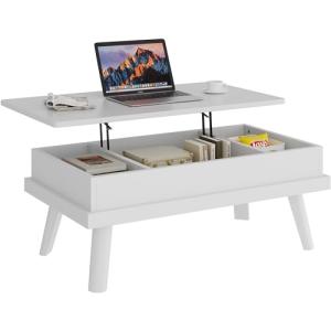 Shintenchi Coffee Table, Lift Top Coffee Table with Hidden Compartment, Rising Tabletop Dining Table, Lift Top Coffee Center Table for for Living Room, Office, Home (White)