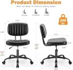 Sweetcrispy Small Office Desk Chair - Armless PU Leather with Comfy Lumbar Support, Height Adjustable Rolling Swivel Task for No Arms, for Adult, Student, Bedroom, Home, Vanity, Black