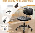 Sweetcrispy Small Office Desk Chair - Armless PU Leather with Comfy Lumbar Support, Height Adjustable Rolling Swivel Task for No Arms, for Adult, Student, Bedroom, Home, Vanity, Black