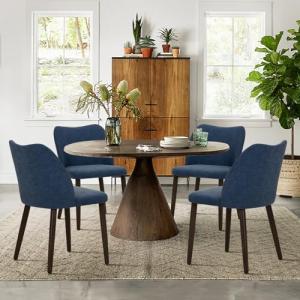 COLAMY Upholstered Dining Chairs Set of 4, Modern PU Leather Dining Room Kitchen Side Chair with Padded Seat and Wood Legs Restaurant/Cafe, Blue