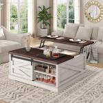 Itaar 39.4'' Lift Top Coffee Table with Storage, Farmhouse Coffee Tables for Living Room, Square Coffee Table with Large Hidden Compartment & 2 Drawers & Adjustable Shelves, White