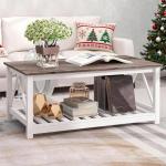 UYIHOME Farmhouse Coffee Table for Living Room, 2-Tier Rectangular Wooden Centre Cocktail Table with Slats Shelf Storage and V-Shaped Frame, Oak Grey