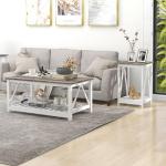 UYIHOME Farmhouse Coffee Table for Living Room, 2-Tier Rectangular Wooden Centre Cocktail Table with Slats Shelf Storage and V-Shaped Frame, Oak Grey