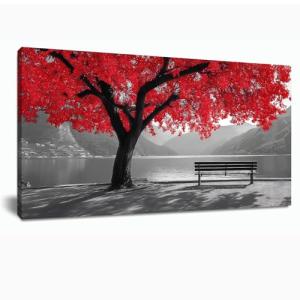 Tarfupth Black and White Red Large Tree of Life Wall Art for Living Room Mountain Artwork Landscape Lake Pictures for Bedroom Office Home Decor Modern Canvas Prints 20"x40"