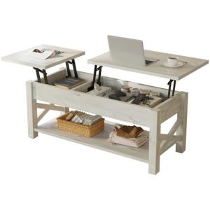 Rolanstar 47.2" Lift Top Coffee Table with Hidden Compartment, 2 Way Lift Top Coffee Table with Open Shelf & X Wooded Support, Farmhouse Center Table for Living Room, Grey