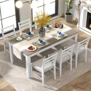 7-Piece Wooden Dining Set for 6 with Extendable Table and Soft Cushioned Chairs,2 Drawers