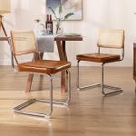Zesthouse Natural Rattan Dining Chairs Set of 2, Modern Dining Room Chairs with Solid Wood Back for Kitchen Living Room, Mid Century Breuer Design Inspired, Upholstered Faux Leather Brown