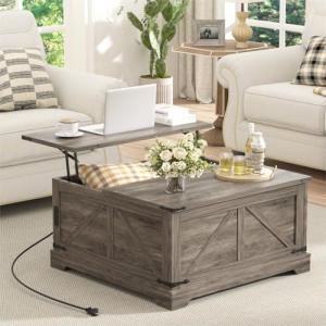 FiveWillowise Coffee Table with Storage, 31.5" W Farmhouse Lift Top Wood Square Center Table with Charging Station, Rustic Cocktail Tables with Flip Top Lids for Living Room, Home Office, Grey