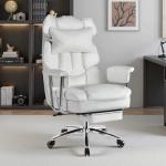Sweetcrispy Executive Home Office Desk Chair - Ergonomic Big Tall High Back with Footrest & Lumbar Support, Reclining Height Adjustable, Comfy PU Leather Computer Gaming with Swivel Wheels, White