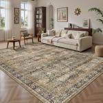 Yarooge 8x10 Area Rugs for Living Room - Washable Vintage Retro Large Rug, Soft Ultra Thin Non Slip Low Pile Traditional Distressed Boho Carpet for Bedroom Dining Room Home Office, Olive Charcoal