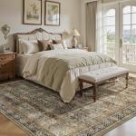 Yarooge 8x10 Area Rugs for Living Room - Washable Vintage Retro Large Rug, Soft Ultra Thin Non Slip Low Pile Traditional Distressed Boho Carpet for Bedroom Dining Room Home Office, Olive Charcoal