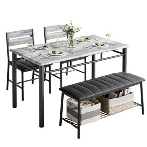IRONCK Dining Table Set for 4, Kitchen Table with Upholstered Bench and 2 Chairs, Kitchen Table and Chairs Set for Small Space, Apartment, Gray