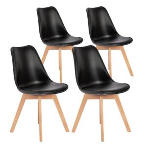 OLIXIS Set of 4 Dining Kitchen Mid-Century Modern Chairs with Wood Legs and PU Leather Cushion for Living Room Bedroom Outdoor Lounge, Black
