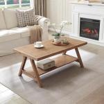 Farmhouse Coffee Table,Solid Wood Center Tables with Storage Shelves & Sturdy A-Shaped Legs, Modern Rustic 2-Tier Rectangular Table for Living Room and Office, Natural
