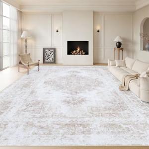 XLUEZ Area Rug 8x10 Living Room Rug, Machine Washable Vintage Distressed Medallion Rug Non-Slip Soft Low Pile Large Indoor Rugs for Bedroom Kitchen Dining Room Office(Beige,8'x10')