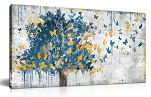 Kepgonegu Large Canvas Wall Art Blue Tree Golden Butterflies Picture Abstract Grey Graffiti Canvas Prints Ready to Hang for Living Room Bedroom Size 20x40