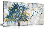 Kepgonegu Large Canvas Wall Art Blue Tree Golden Butterflies Picture Abstract Grey Graffiti Canvas Prints Ready to Hang for Living Room Bedroom Size 20x40