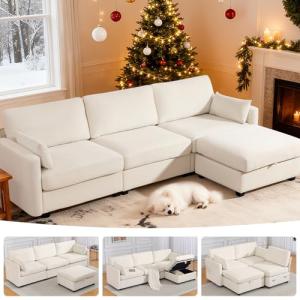 109'' Modular Sectional Sofa, L Shaped Couch with Storage Ottoman, Comfy Cloud Sofa with Deep Seat, 4 Seat Convertible Sectional Couches for Living Room (Beige, Low Legs 1.97")