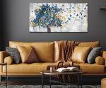 Kepgonegu Large Canvas Wall Art Blue Tree Golden Butterflies Picture Abstract Grey Graffiti Canvas Prints Ready to Hang for Living Room Bedroom Size 20x40