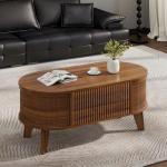LYNCOHOME Fluted Lift Top Coffee Table with Storage,Modern Oval Coffee Table for Living Room or Home Office（Walnut）