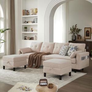 Enobala Sectional Sofa with Storage Seats, 4 Seater U Shaped Couch with 2 Movable Ottoman Chaises for Living Room, Polyester Cover & Soft Cushions, 101" Combination Sectional Couch, Beige