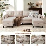 Enobala Sectional Sofa with Storage Seats, 4 Seater U Shaped Couch with 2 Movable Ottoman Chaises for Living Room, Polyester Cover & Soft Cushions, 101" Combination Sectional Couch, Beige