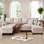 Enobala Sectional Sofa with Storage Seats, 4 Seater U Shaped Couch with 2 Movable Ottoman Chaises for Living Room, Polyester Cover & Soft Cushions, 101" Combination Sectional Couch, Beige