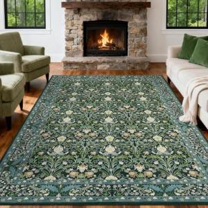 WEZVIX 8x10 Washable Floral Area Rug for Living Room,Vintage Floral Non-Slip Carpet,Soft Low Pile Boho Rug for Dining Room, Guestroom,Office, Kids Room,Farmhouse, Nursery, Living Room Decor