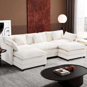 Ihanherry 111.4" U Shaped Cloud Couch Modern Modular Sectional Sofa with 2 Ottoman, 5-Seat Chenille Deep Seat Sofa with 5 Pillows for Living Room, Bedroom and Apartment, Beige