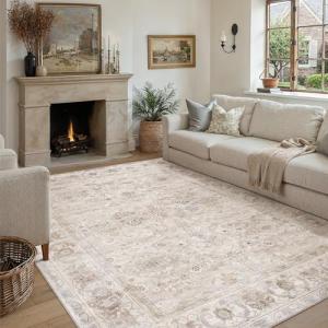 PureCozy 8x10 Area Rug Washable Living Room Vintage Beige Carpet Bedroom Large Indoor Non Slip Soft Low Pile Thin Stain Resistant Distressed Accent Throw Rug for Dining Office Nursery