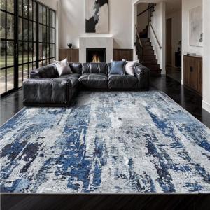 Yarooge 8x10 Area Rugs, Abstract Morden Soft Washable Rug, Non-Slip Low Pile Rugs for Living Room, Bedroom, Dining Room, Home, Office (Blue & White)