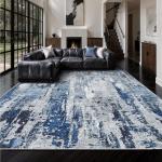 Yarooge 8x10 Area Rugs, Abstract Morden Soft Washable Rug, Non-Slip Low Pile Rugs for Living Room, Bedroom, Dining Room, Home, Office (Blue & White)