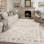 PureCozy 8x10 Area Rug Washable Living Room Vintage Beige Carpet Bedroom Large Indoor Non Slip Soft Low Pile Thin Stain Resistant Distressed Accent Throw Rug for Dining Office Nursery