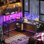 ODK 53 Inch L Shaped Desk with LED Lighting, Reversible Gaming Desk with Power Outlets, Cornor Computer Table with Storage Shelves & Bag & Iron Hook, Home Office Table for Writing, Study, Black