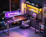 ODK 53 Inch L Shaped Desk with LED Lighting, Reversible Gaming Desk with Power Outlets, Cornor Computer Table with Storage Shelves & Bag & Iron Hook, Home Office Table for Writing, Study, Black