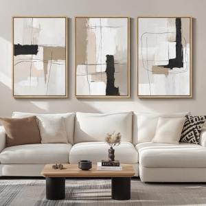 Large Framed Neutral Abstract Wall Art for Living Room, Set of 3 Modern Black and White Beige Canvas Prints Paintings Artwork for Walls, Minimalist Pictures for Bedroom Hallway Wall Decor 24x36 In