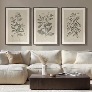 Large Framed Botanical Wall Art for Living Room, 3 Piece Neutral Plant Canvas Painting Prints Artwork for Walls, Vintage Floral illustration Pictures for Farmhouse Bedroom Kitchen Wall Decor, 20x30