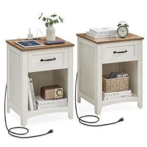 VASAGLE LIRY Collection - Farmhouse Nightstands with Charging Station, Set of 2 Bedside Tables, Side Tables with Drawer, Open Compartment, for Bedroom, Rustic White and Honey Brown ULET859K41