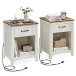 VASAGLE LIRY Collection - Farmhouse Nightstands with Charging Station, Set of 2 Bedside Tables, Side Tables with Drawer, Open Compartment, for Bedroom, Rustic White and Honey Brown ULET859K41