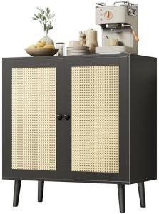 Huuger Buffet Cabinet with Storage, Storage Cabinet with Synthetic Rattan Decor Doors, Solid Wood Feet, for Hallway, Entry, Living Room, Black