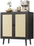 Huuger Buffet Cabinet with Storage, Storage Cabinet with Synthetic Rattan Decor Doors, Solid Wood Feet, for Hallway, Entry, Living Room, Black
