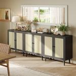 Huuger Buffet Cabinet with Storage, Storage Cabinet with Synthetic Rattan Decor Doors, Solid Wood Feet, for Hallway, Entry, Living Room, Black