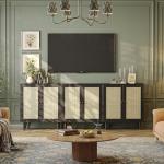 Huuger Buffet Cabinet with Storage, Storage Cabinet with Synthetic Rattan Decor Doors, Solid Wood Feet, for Hallway, Entry, Living Room, Black