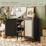 Huuger Buffet Cabinet with Storage, Storage Cabinet with Synthetic Rattan Decor Doors, Solid Wood Feet, for Hallway, Entry, Living Room, Black