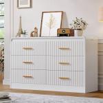 YITAHOME 6-Drawer Dresser with Built-in Power Outlet, Wood TV Stand with 6 Large Drawers and Bar Handles, White Dresser Chest of Drawers for Living Room, Hallway, Entryway