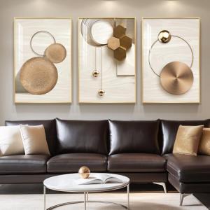 Large Framed Modern Luxury Gold Wall Art for Living Room, 3 Piece Bright Style Art Prints Paintings Artwork for Walls, Bronze Gold Geometric Pictures for Hallway Stair Office Wall Decor 24x36 In