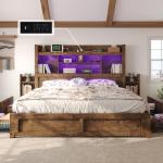 LUXOAK King Bed Frame with 49.6" Bookcase Headboard & 2 Bedside Stoage Racks & 4 Drawers, Farmhouse Wood Bed Frame with RGB LED & Charging Station, No Box Spring Needed, Rustic Brown